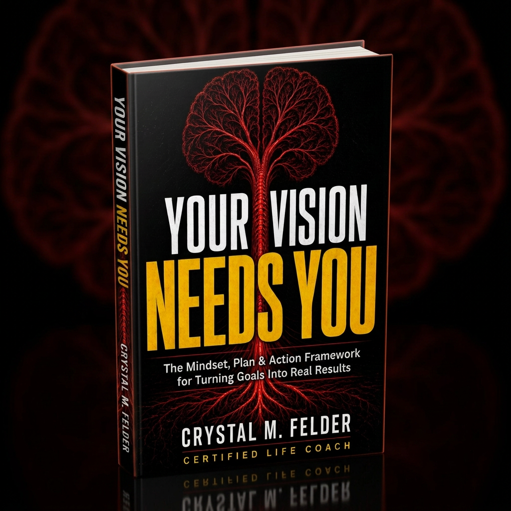 Your Vision Needs You paperback by Crystal M. Felder standing on a dark stone block