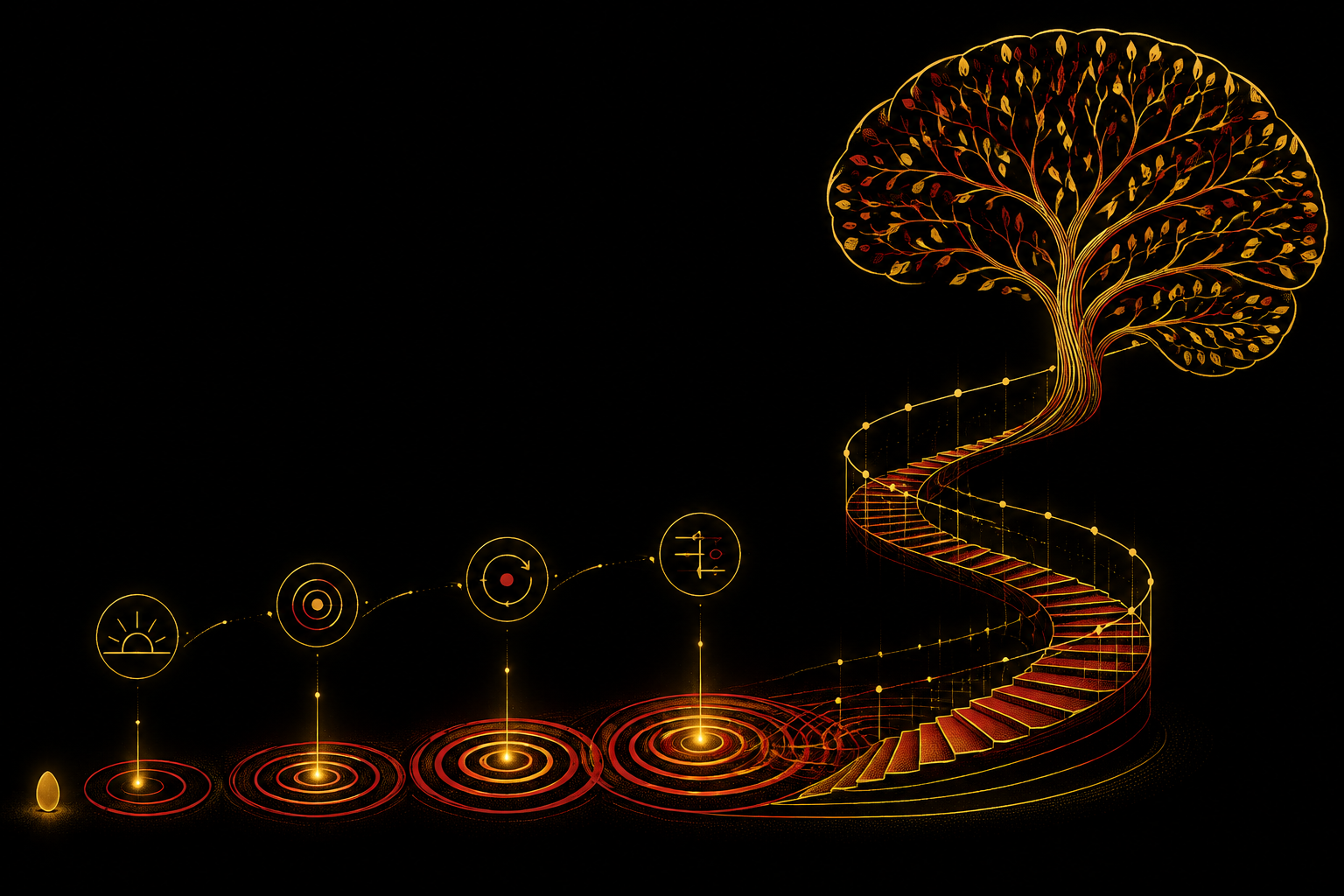 A path of repeated practice growing into a brain-shaped tree