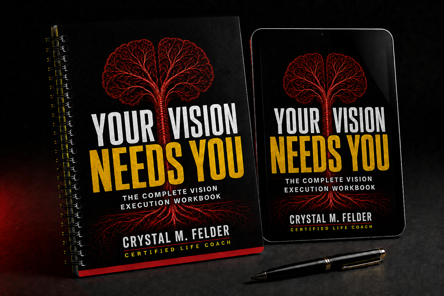 The Complete Vision Execution Workbook shown spiral-bound and on a tablet
