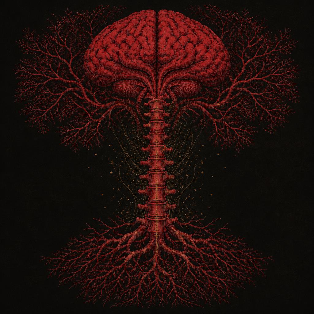 An anatomical brain canopy flowing down a spine into a deep root network